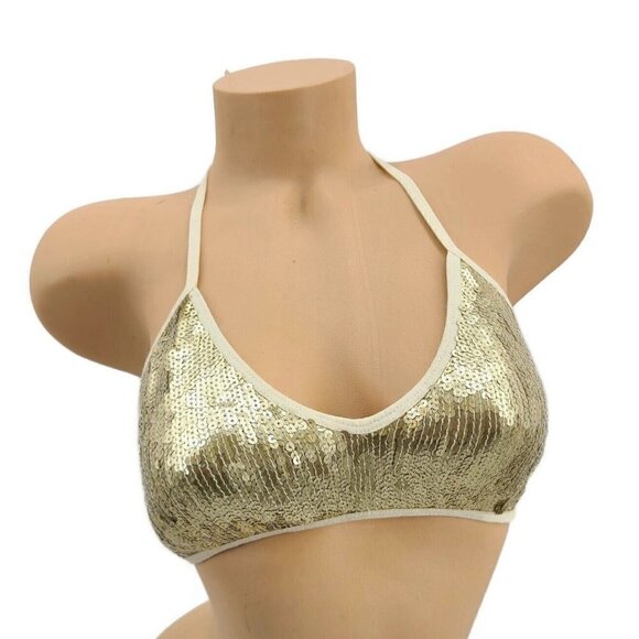 New Chan Luu Sequin Bra Womens L White Swan Light Gold T-Back Bralette - Picture 1 of 7